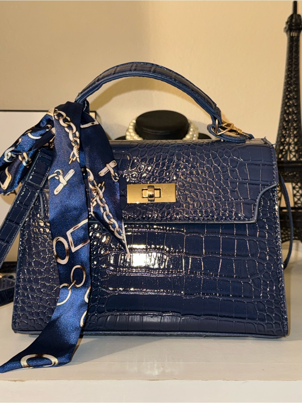 Classic Navy Croc-Embossed Top-Handle Bag with Silk Scarf